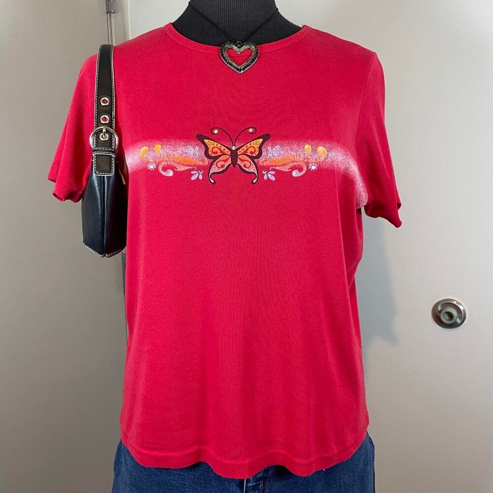 Y2K Plus Size 2XL Butterfly Swirls Bedazzled Next Generation Red Shirt
